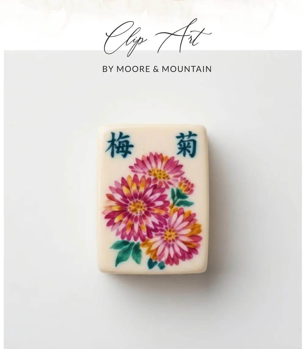 Vintage Mahjong Tile Clipart PNG Digital Download, Floral Chrysanthemum Chinese Game Art, Chinoiserie Aesthetic Sublimation Graphic