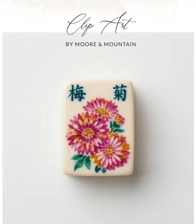 Vintage Mahjong Tile Clipart PNG Digital Download, Floral Chrysanthemum Chinese Game Art, Chinoiserie Aesthetic Sublimation Graphic