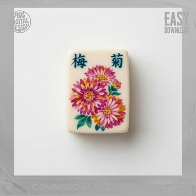 Vintage Mahjong Tile Clipart PNG Digital Download, Floral Chrysanthemum Chinese Game Art, Chinoiserie Aesthetic Sublimation Graphic
