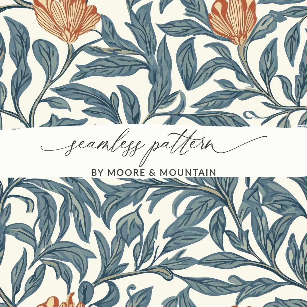 Vintage William Morris Vines Print, Seamless Background Blue Orange Digital - Moore and Mountain