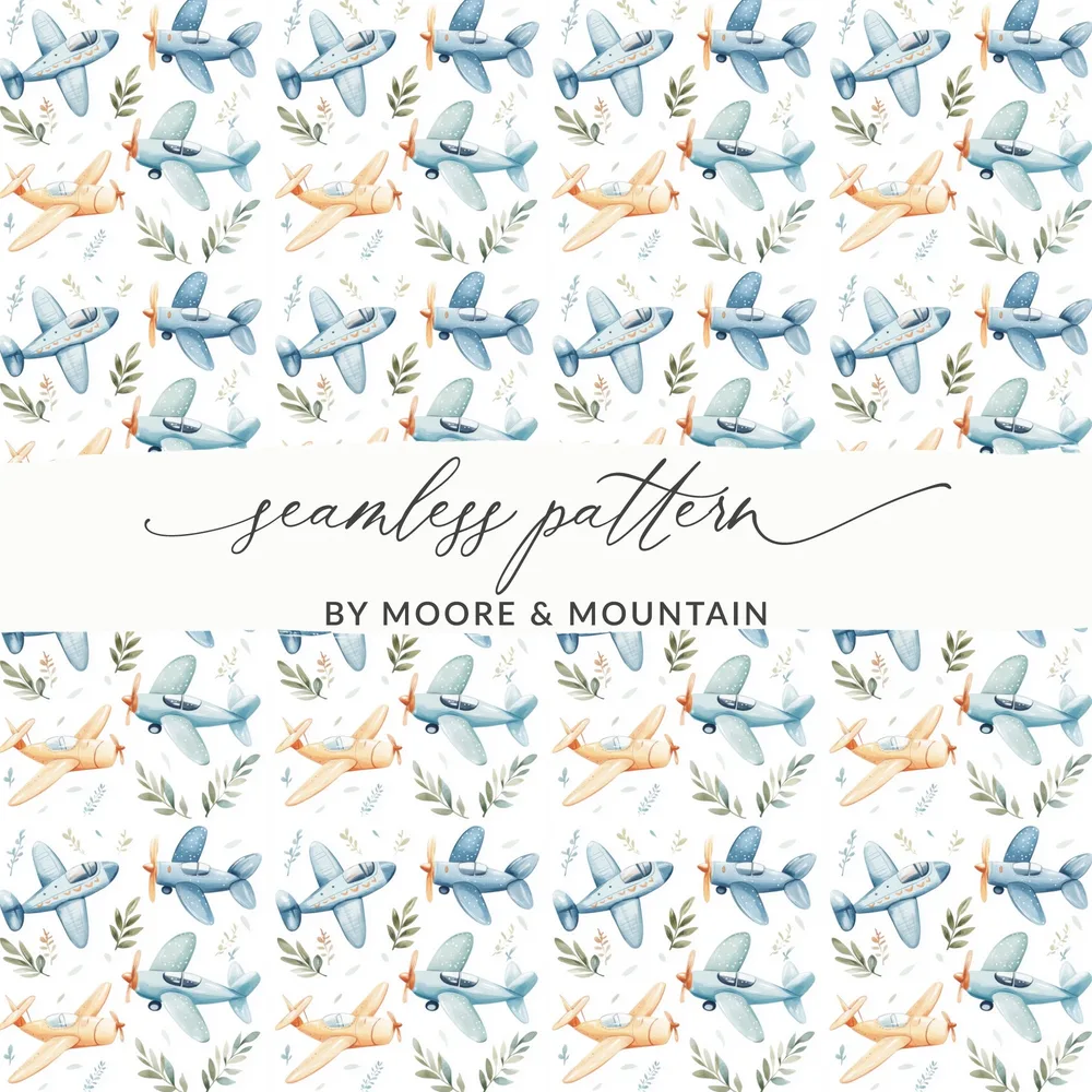 Watercolor Airplanes Foliage Seamless Pattern BY MOORE & MOUNTAIN product type