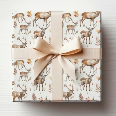 Elegant Reindeer Print Gift Wrap with Beige Ribbon