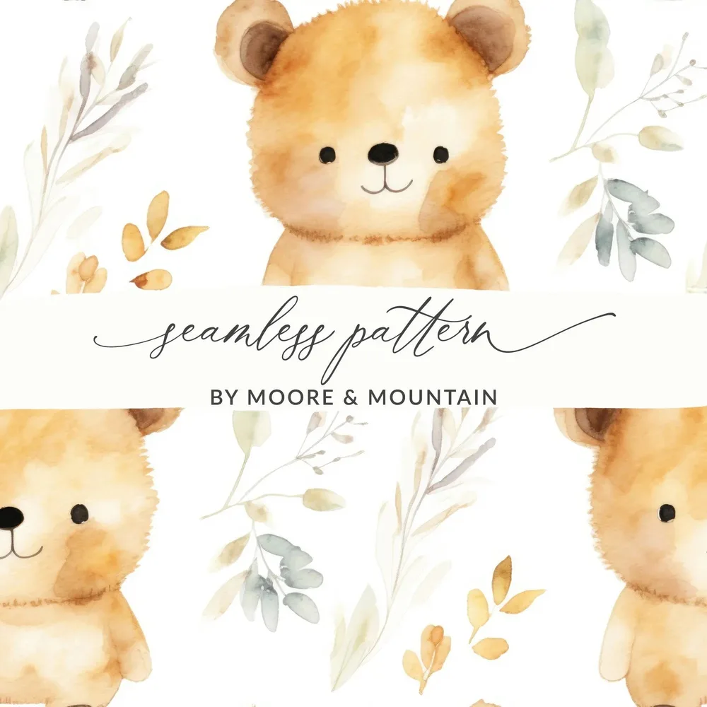 Watercolor Bear Seamless Pattern Digital Paper, Cute Animal Illustration, Neutral Nursery Art, 12x12 JPEG Digital Files - Moore and Mountain