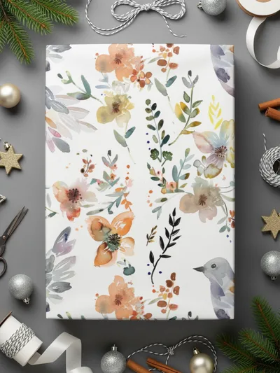 Watercolor Bird Digital Paper, Floral Pattern, White Background, Spring Flowers, Seamless Pattern, Neutral Colors, Digital Download - Moore and Mountain