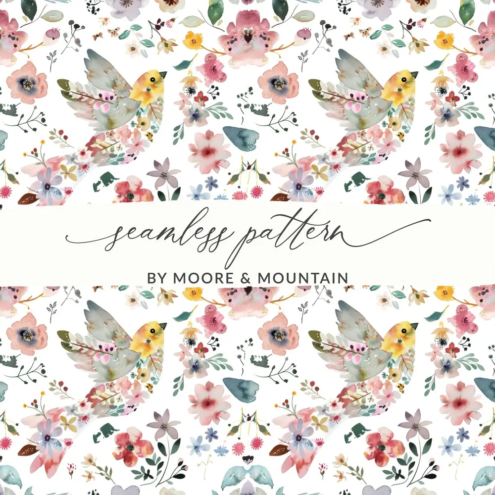 Watercolor Bird Floral Seamless Pattern Digital, Repeating Flower Design, Fabric Print, Scrapbooking Paper, 12x12, JPEG Files - Moore and Mountain