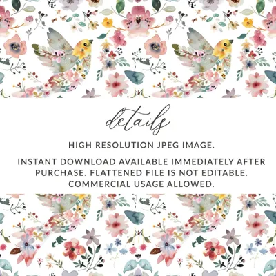 Watercolor Bird Floral Seamless Pattern Digital, Repeating Flower Design, Fabric Print, Scrapbooking Paper, 12x12, JPEG Files - Moore and Mountain