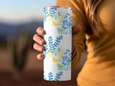 Floral Design White Tumbler with Blue and Yellow Leaves