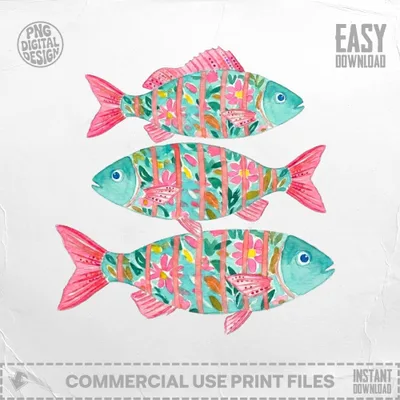Three stylized fish with pink and turquoise floral patterns.