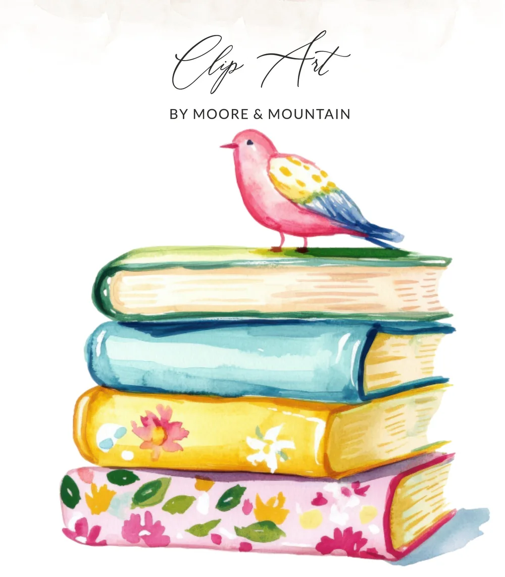 Watercolor stack of books with a pink bird on top.