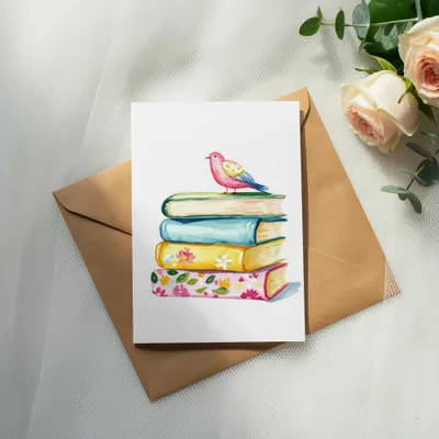 Watercolor painting of a stack of colorful books with a bird perched on top.