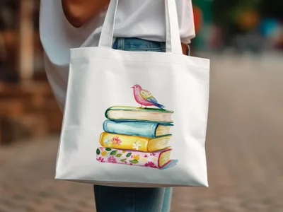 White tote bag with stacked books and a colorful bird illustration.