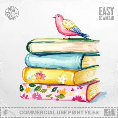 Watercolor illustration of a bird perched atop a stack of four colorful books.