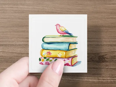 Stack of colorful books with a small pink and yellow bird on top.