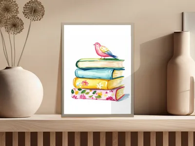 Watercolor illustration of a stack of colorful books with a small bird on top.