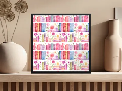 Watercolor Bookshelf Digital Paper, Floral Books Seamless Pattern, Book Lover Scrapbook Paper, 12x12 JPEG Files, Planner Digital - Moore and Mountain