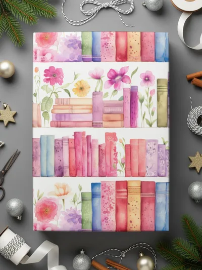 Watercolor Bookshelf Digital Paper, Floral Books Seamless Pattern, Book Lover Scrapbook Paper, 12x12 JPEG Files, Planner Digital - Moore and Mountain