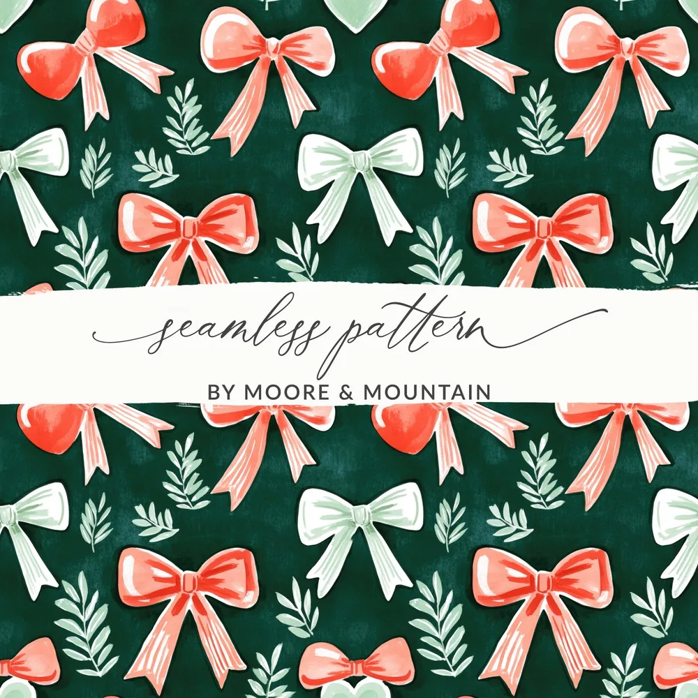 Watercolor Bow Pattern Digital Paper, Dark Green and Coral Bows, Spring Scrapbook Paper, Gift Wrap, Festive Illustration - Moore and Mountain