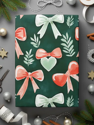 Watercolor Bow Pattern Digital Paper, Dark Green and Coral Bows, Spring Scrapbook Paper, Gift Wrap, Festive Illustration - Moore and Mountain