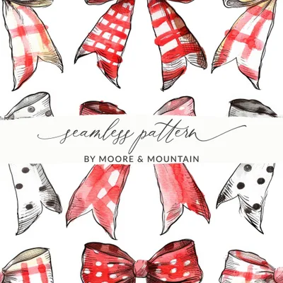 Coquette Watercolor Bows Digital Paper, Seamless Bow Pattern, Red Black Bows Fabric Design, Girly Bows Scrapbook Paper, Printable Bows, Digital
