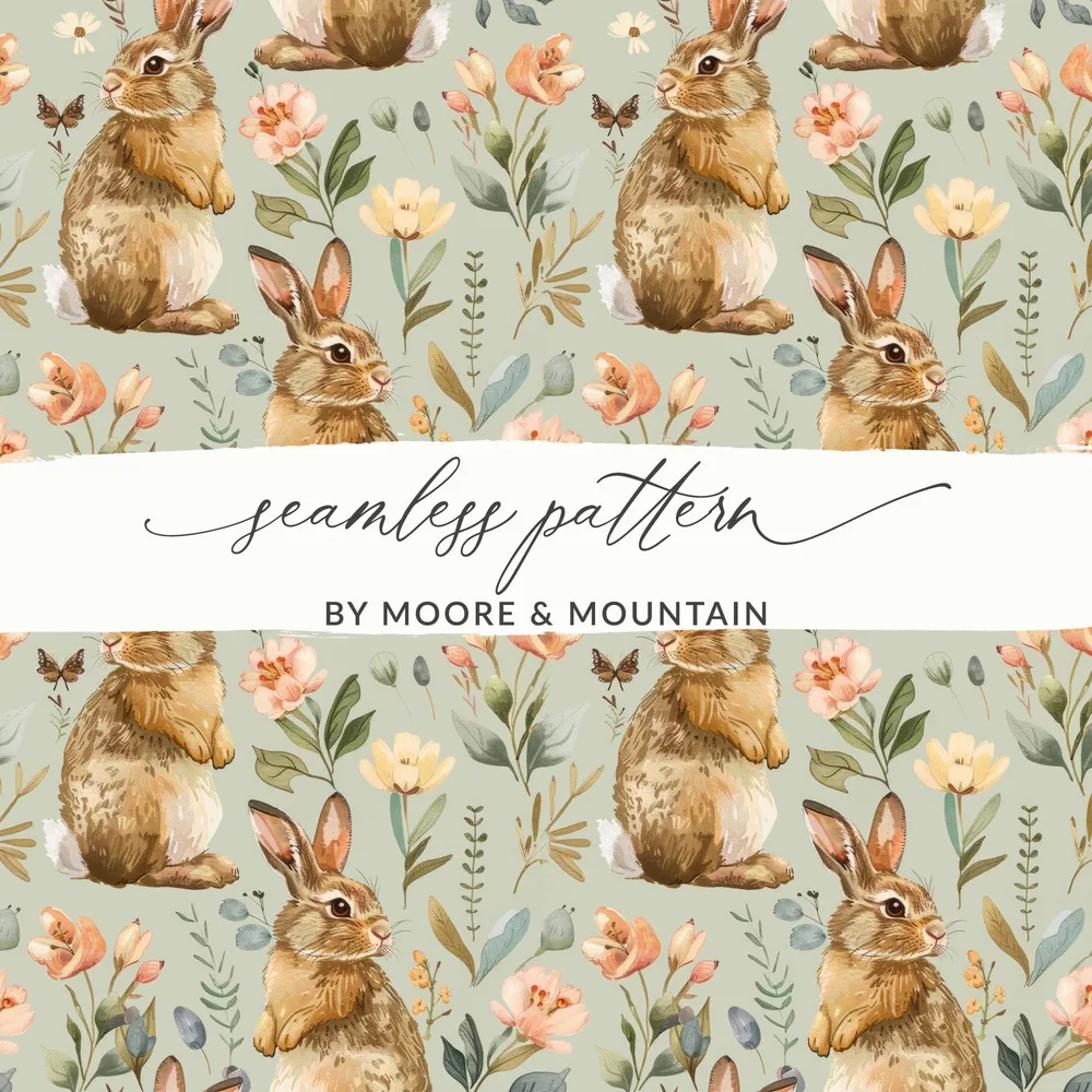 Watercolor Bunny and Flowers Pattern Springtime Design Digital - Moore and Mountain