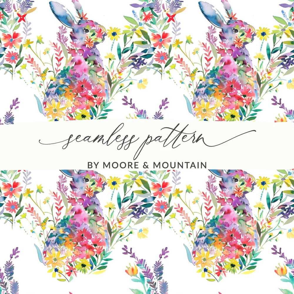 Watercolor Bunny Seamless Pattern, Floral Rabbit Design, Springtime Digital Paper, Easter Digital Download, Animal Illustration Art