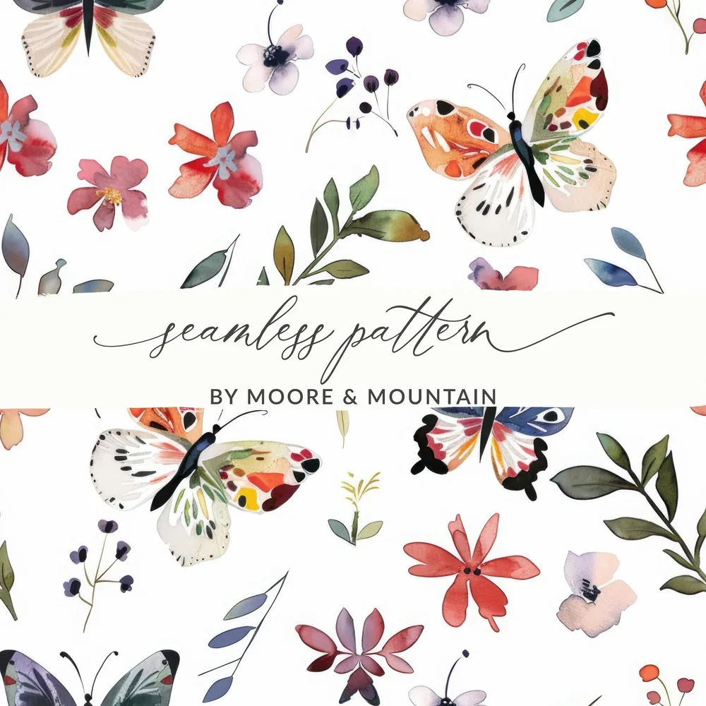 Watercolor Butterfly Pattern, Floral Digital Paper, Seamless Butterfly Print, Botanical Background, Scrapbook Paper, Fabric Design - Moore and Mountain