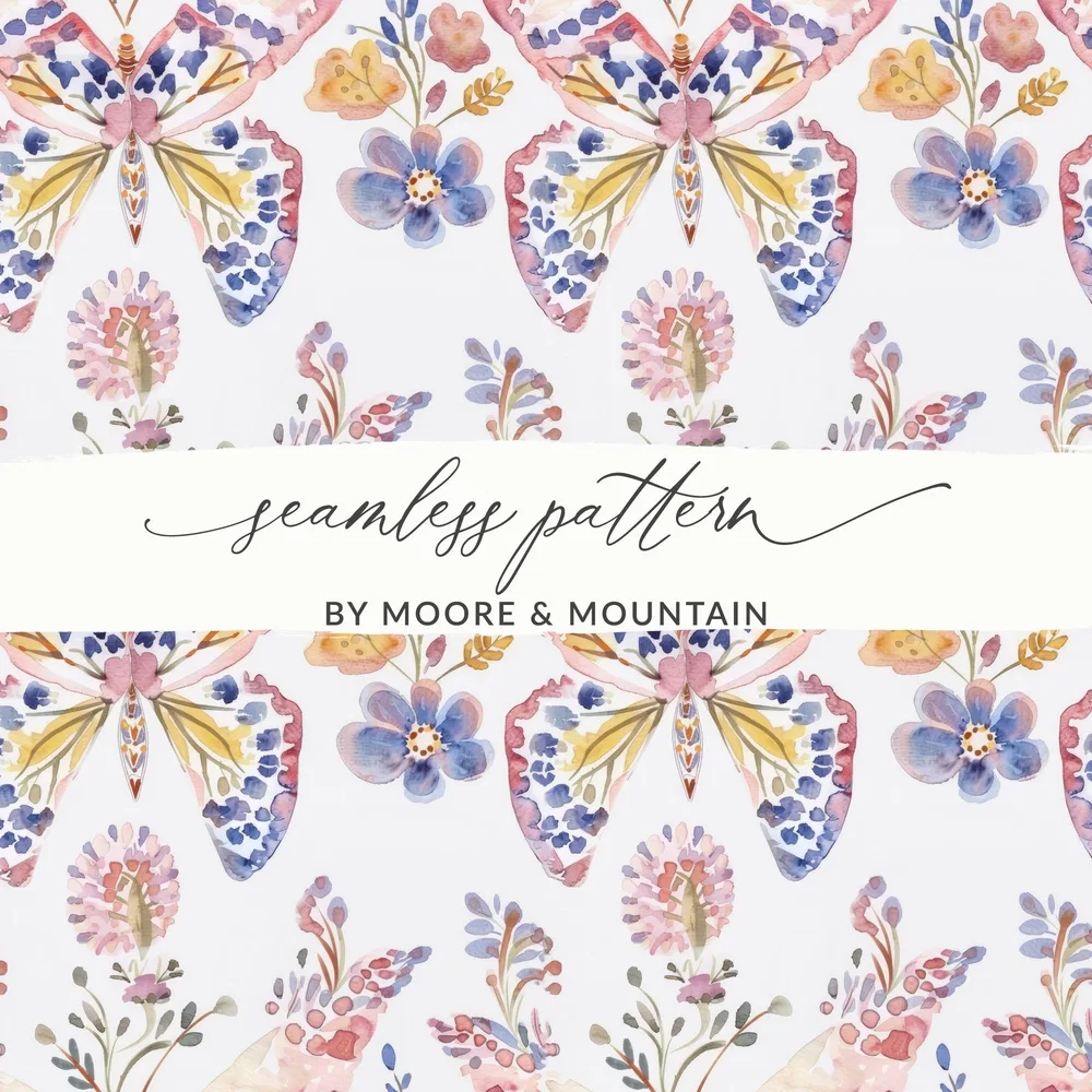 Watercolor Butterfly Seamless Pattern, Floral Digital Paper, Fabric Design, Scrapbooking, Printable Art, Digital Download - Moore and Mountain