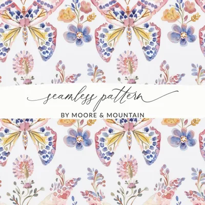 Watercolor Butterfly Seamless Pattern, Floral Digital Paper, Fabric Design, Scrapbooking, Printable Art, Digital Download