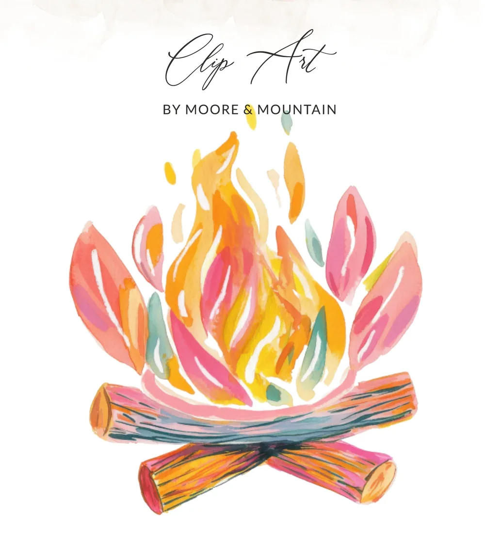 Watercolor campfire with wood logs and colorful flames.