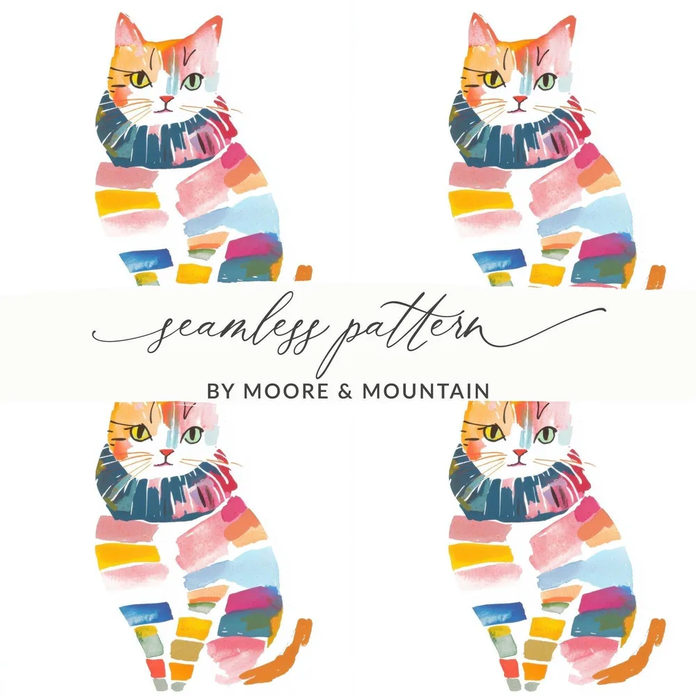 Watercolor Cat Digital Paper, Seamless Pattern File, Cute Kitten Design, Colorful Feline Art, Digital Download, Craft, Print - Moore and Mountain