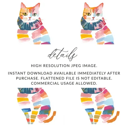 Watercolor Cat Digital Paper, Seamless Pattern File, Cute Kitten Design, Colorful Feline Art, Digital Download, Craft, Print - Moore and Mountain