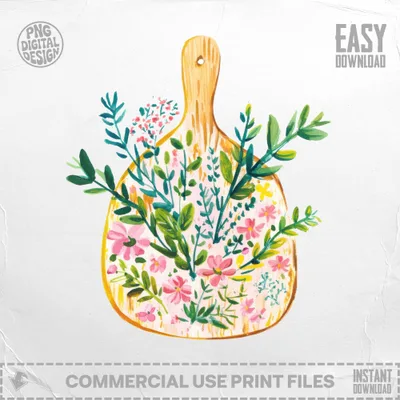 Wooden cutting board with a watercolor floral illustration and "EASY DOWNLOAD" text.