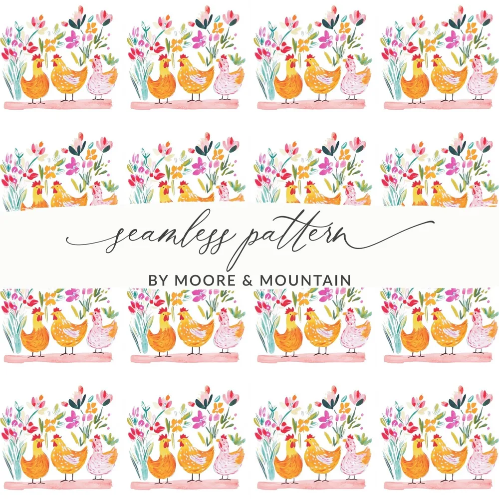 Watercolor Chicken Digital Paper, Floral Chicken Pattern, Spring Seamless File, Farmhouse Digital Print, Spring Chicken Illustration - Moore and Mountain