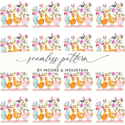 Watercolor Chicken Digital Paper, Floral Chicken Pattern, Spring Seamless File, Farmhouse Digital Print, Spring Chicken Illustration
