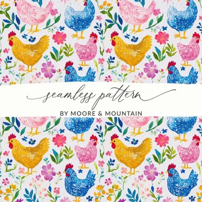 Watercolor Chicken Digital Paper, Floral Seamless Pattern, Farmhouse JPEG Background, Hen Fabric Design, Downloadable Digital