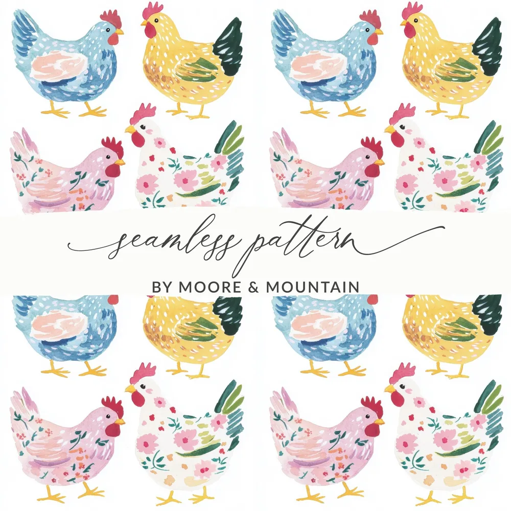 Watercolor chicken hens colorful farm animal seamless pattern product type