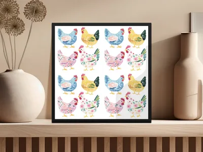 Colorful Watercolor Chickens Farmhouse Decor Home Art product type
chicken, watercolor, farmhouse, hens, art print, wall decor, animal art, colorful, rustic, country, kitchen decor, home decor, unique art, nursery decor, gift idea, cute animals, pattern art, folk art, farm animals, whimsical