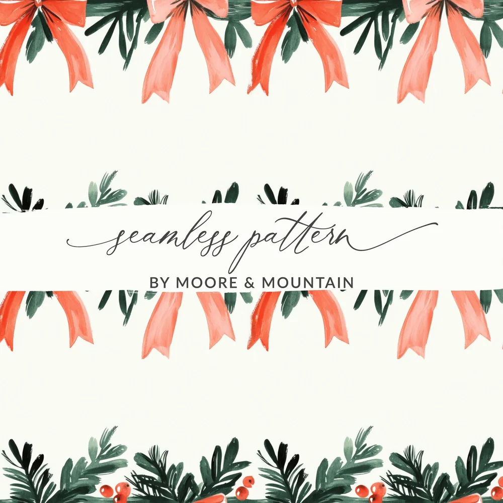 Watercolor Christmas Bow Digital Paper, Seamless Pattern, Holiday Digital, Festive Design, Scrapbooking Paper, Craft Supplies - Moore and Mountain