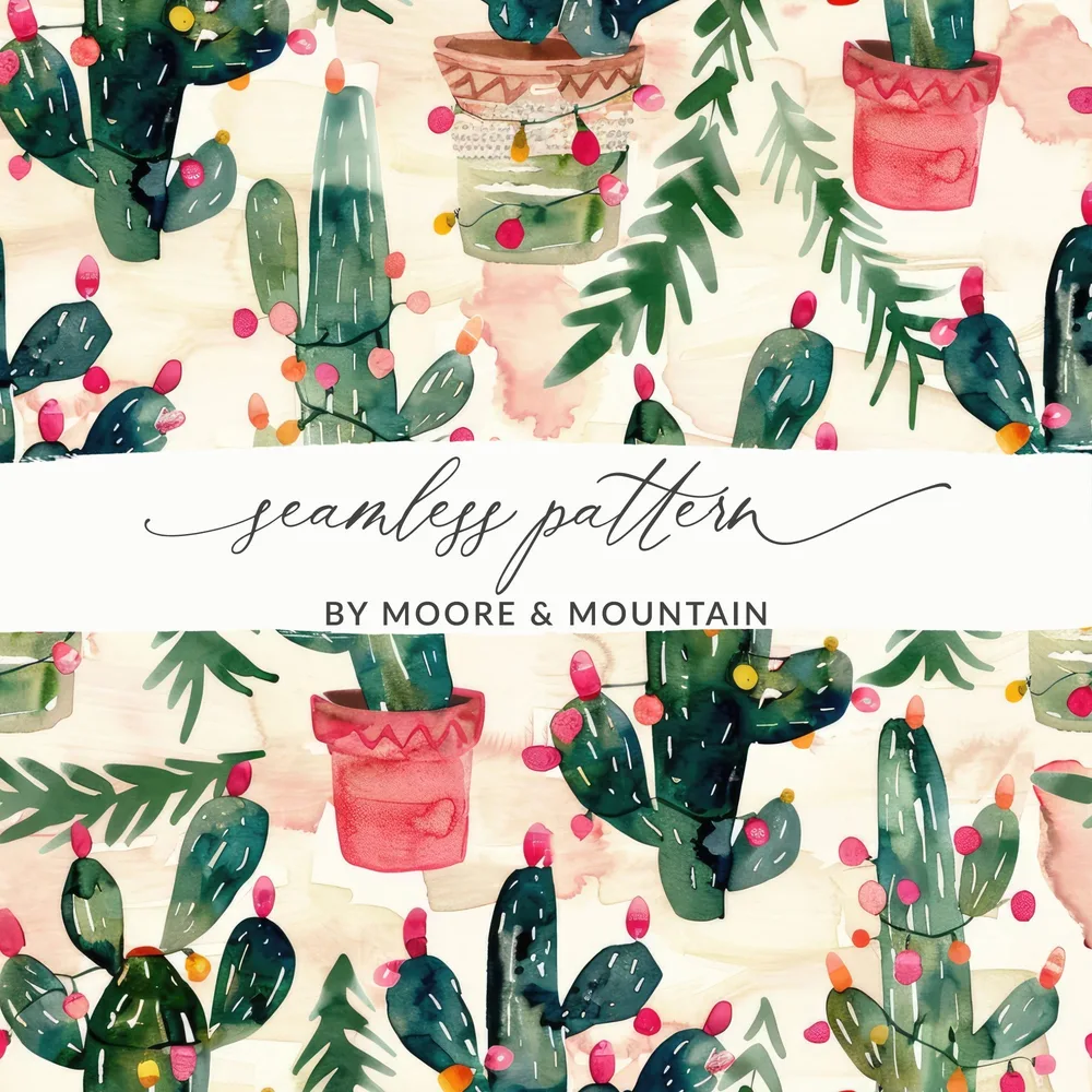 Watercolor Christmas Cactus Seamless Pattern Digital Download, Holiday Tree, Festive Desert Plant, Printable Fabric, Scrapbooking, Tileable - Moore and Mountain