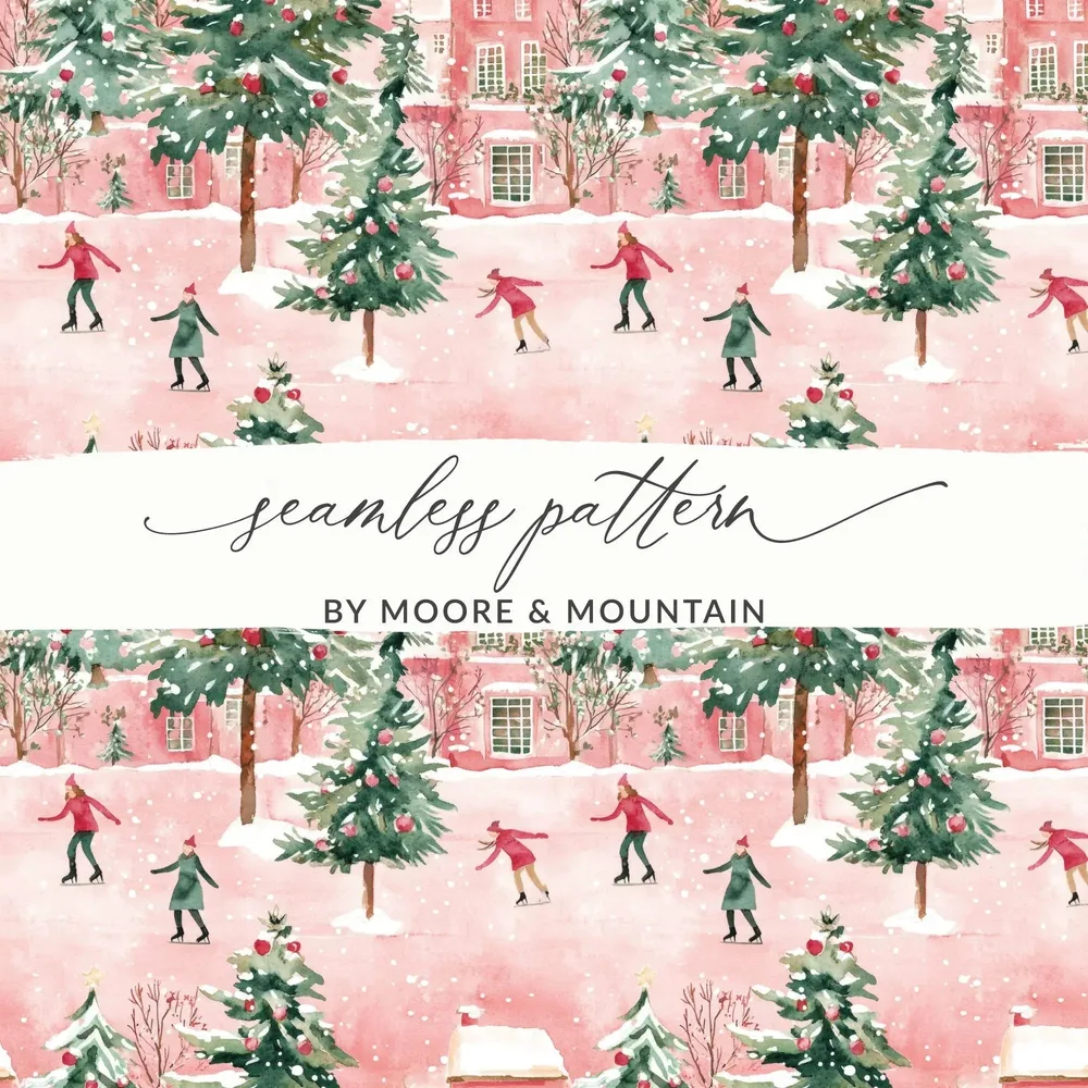 Watercolor Christmas Digital Paper, Winter Scene Seamless Pattern, Skating Village JPEG Files, Holiday Design Downloads, Xmas Surface - Moore and Mountain