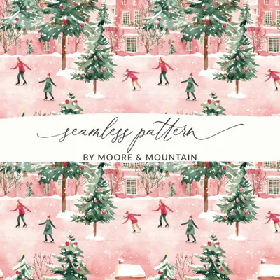 Watercolor Christmas Digital Paper, Winter Scene Seamless Pattern, Skating Village JPEG Files, Holiday Design Downloads, Xmas Surface