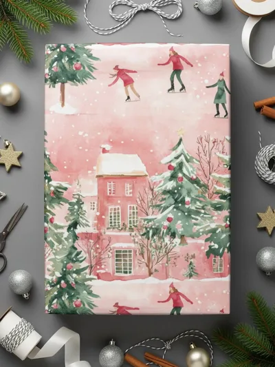 Watercolor Christmas Digital Paper, Winter Scene Seamless Pattern, Skating Village JPEG Files, Holiday Design Downloads, Xmas Surface - Moore and Mountain