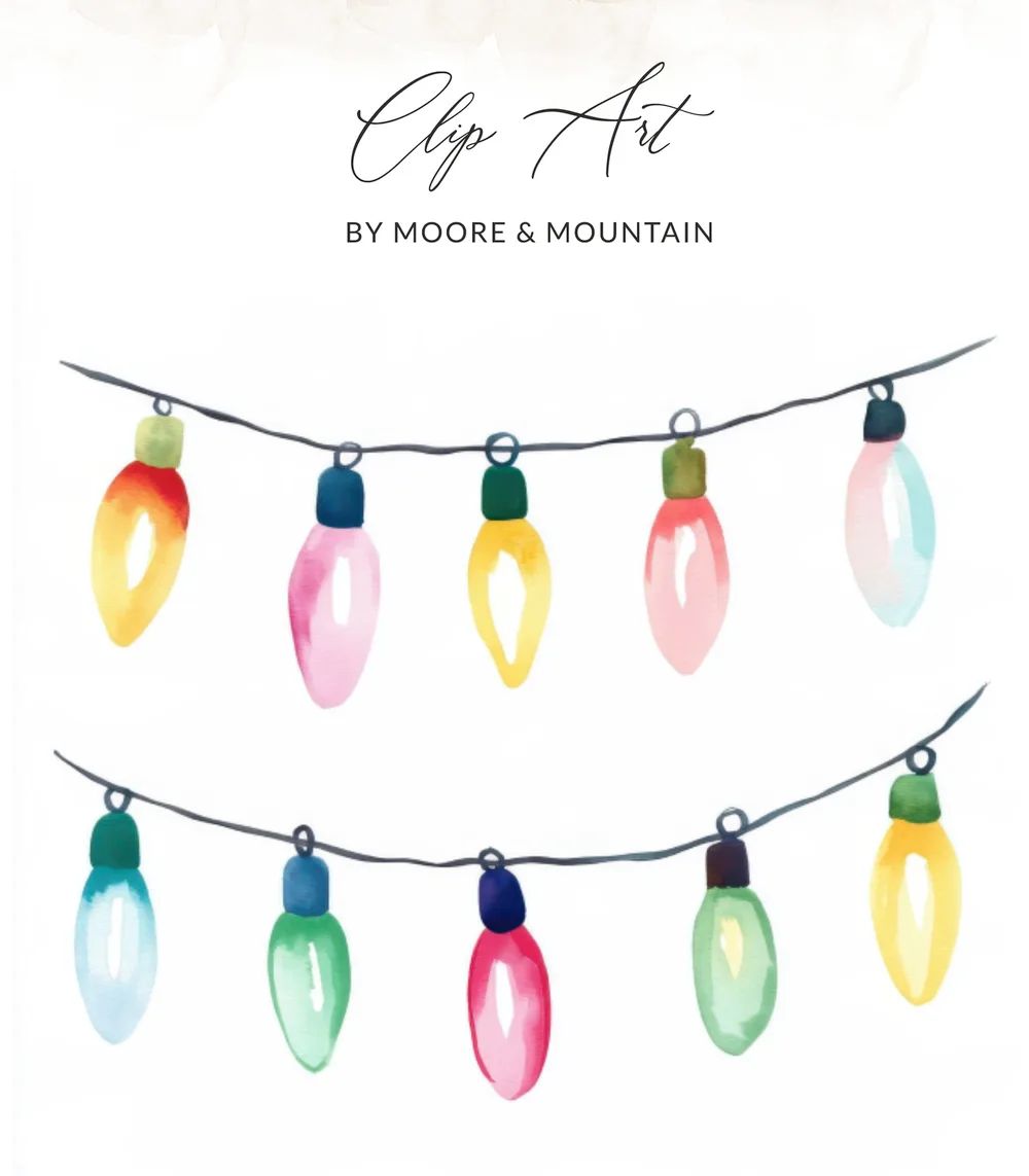 Watercolor Christmas Lights PNG Clipart, Retro Holiday String Bulbs Digital Download, Pastel Xmas Garland Sublimation Graphics