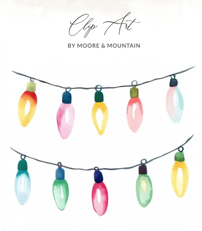 Watercolor Christmas Lights PNG Clipart, Retro Holiday String Bulbs Digital Download, Pastel Xmas Garland Sublimation Graphics