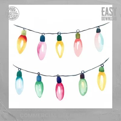 Watercolor Christmas Lights PNG Clipart, Retro Holiday String Bulbs Digital Download, Pastel Xmas Garland Sublimation Graphics