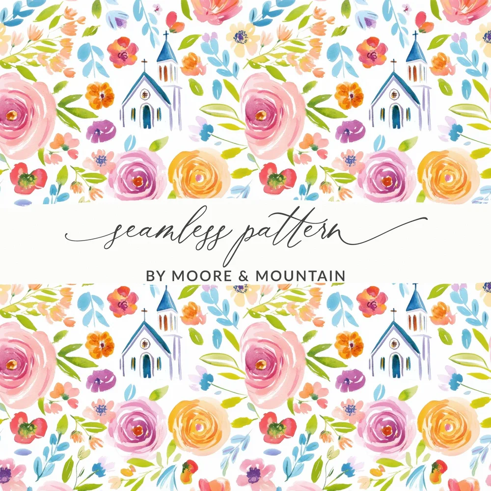 Colorful Floral and Church Seamless Pattern Product