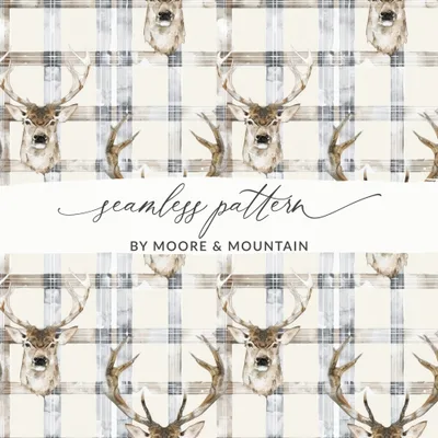 Watercolor Deer With Plaid Background Pattern Digital