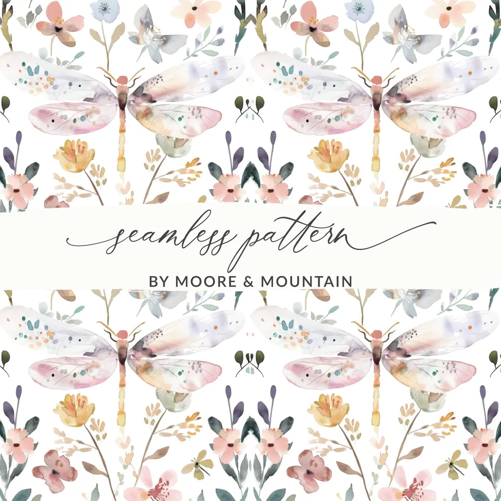 Watercolor Dragonfly Digital Paper, Pastel Floral Pattern, Seamless Repeat for Scrapbooking, Fabric Design, Printable Paper, Light Peach - Moore and Mountain