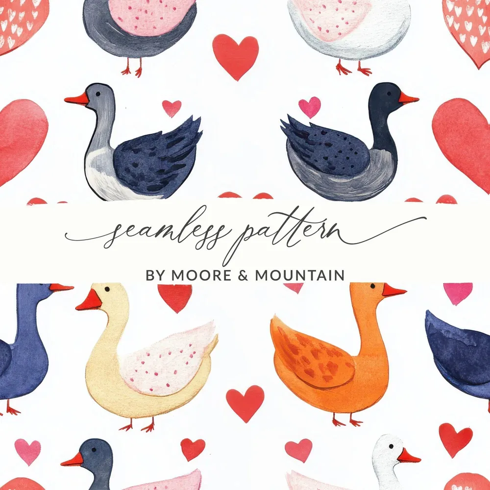 Watercolor Duckling Pattern, Seamless Goose Design, Heart Digital Paper, Commercial Use, Animal Print, Cute Seamless Pattern Digital - Moore and Mountain
