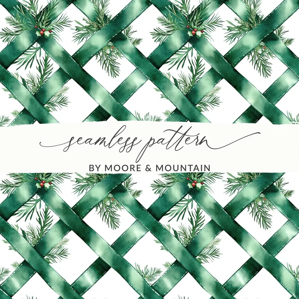 Watercolor Evergreen Ribbon Digital Seamless Pattern, Christmas Digital Paper, Fabric Design, Scrapbooking Paper, Sublimation Design - Moore and Mountain